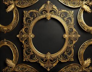a luxurious set of ornate golden frames with intricate detailing, set against a deep black background. The design should evoke sophistication and elegance, making it ideal for a high-end, refined wall