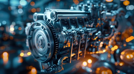 Close-up of a shiny automotive engine showcasing intricate details and modern design, perfect for tech and engineering themes.