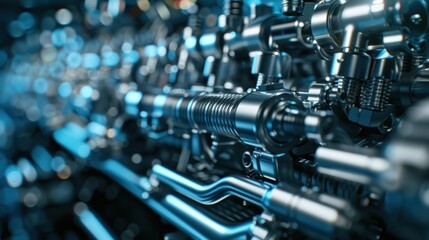 Fototapeta premium Close-up of intricate machinery with metallic parts and blue lighting, showcasing technology and engineering design.
