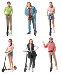 Obraz premium Collage of people with electric kick scooters on white background