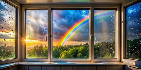 Fototapeta premium Rainbow adorned window reflecting light after storm, rainbows, window, glass, colorful, refraction, light, prism, translucent