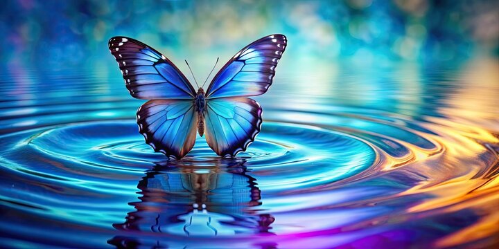 Blue butterfly creating ripples in water with colorful reflections, blue, butterfly, ripples, water, colorful, reflections