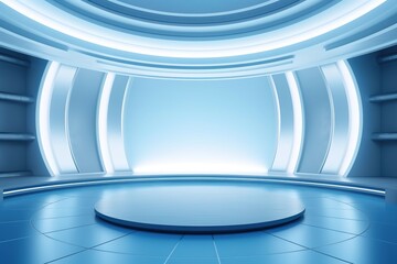 Obraz premium Futuristic blue circular platform in a sci-fi space.