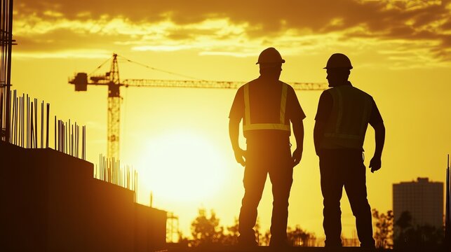 Two men wearing hard hats one wearing yellow vests are wearing yellow hard hats and wearing hard hat