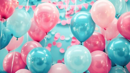 Colorful balloons in pink and blue create a festive atmosphere, ideal for celebrations, parties, and joyful gatherings.