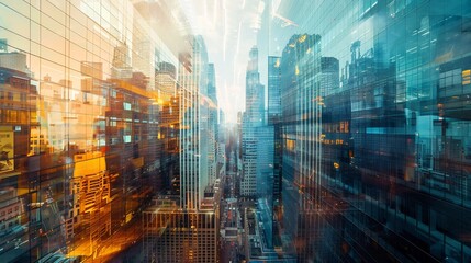 Naklejka premium Cityscape Reflections: A Glimpse of Modern Urban Life