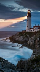 Fototapeta premium A majestic lighthouse standing tall on a rugged cliff overlooking the ocean.