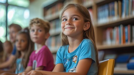 Obraz premium Young Girl in Library Setting, Focused and Smiling, Education, Learning, Children