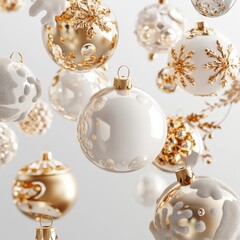 Fototapeta premium Winter Wonderland 3D Render: Isolated Snow Globe with White and Gold Christmas Ornaments on a White Background