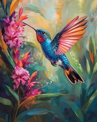 Fototapeta premium Vibrant Hummingbird Painting with Pink Flowers in Lush Green Foliage.