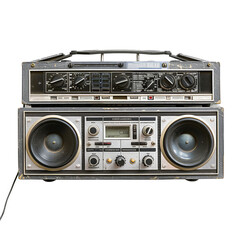 An old fashioned radio with a small speaker on top of it
