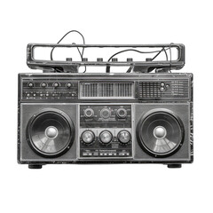 A vintage style radio with a black and silver color scheme