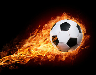 Fototapeta premium Soccer ball flying in fire isolated on black background with copy space.