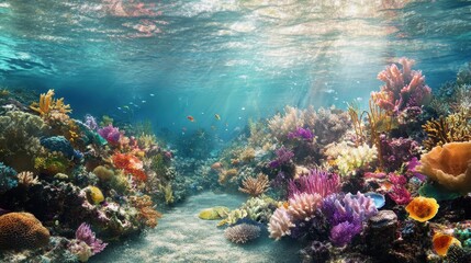 Obraz premium Vibrant Underwater Coral Reef Scene with Sunbeams and Tropical Fish.
