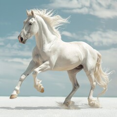 Obraz premium Magnificent White Horse Prancing on Coastal Beach Against Serene Sky Background