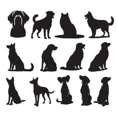 set of black dogs silhouettes on white	