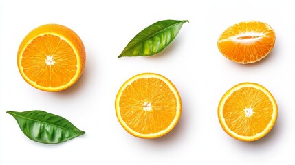Whole, cross section and quarter of fresh organic navel orange with leaves in perfect shape on white isolated background, clipping path. Orange have vitamin c