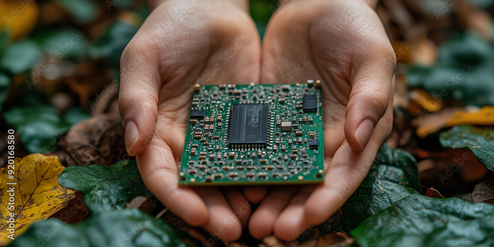 Poster Engineer holding printed circuit board in forest setting
