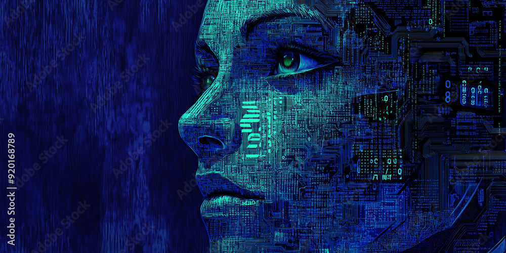 Poster woman face transforming into electronic circuit board data analysis