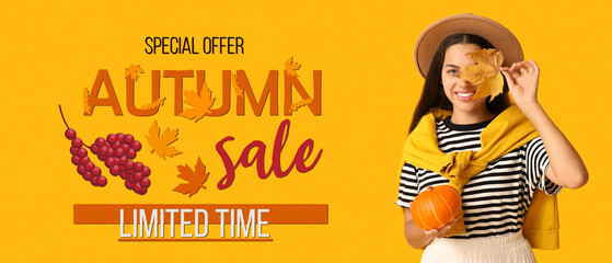 Banner for Autumn Sale with stylish young woman holding pumpkin and leaf