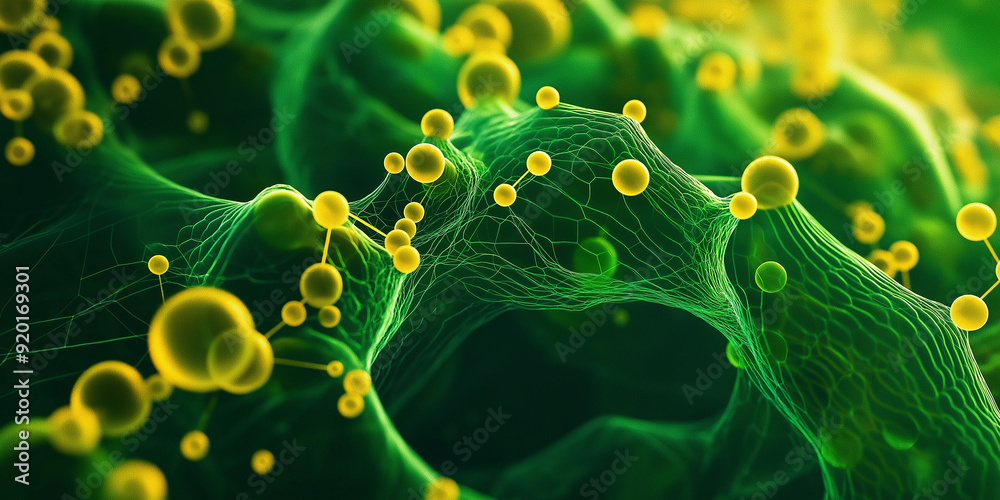 Poster 3d rendering of a network of molecules connecting on a green background