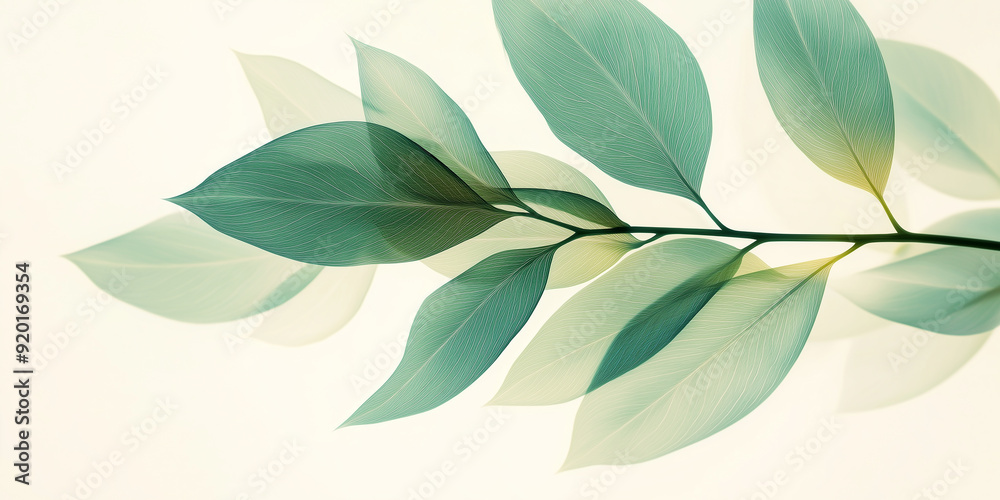 Aufkleber branch with green transparent leaves is lying on white background