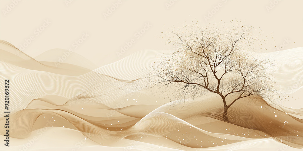 Poster Brown tree standing on abstract wavy background with particles