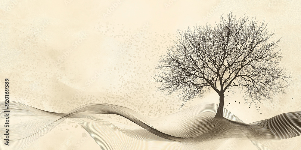 Poster bare tree standing on abstract wavy landscape background