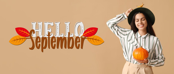 Banner for Autumn Sale with stylish young woman holding pumpkin and leaf