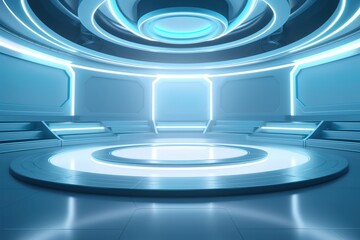 Futuristic blue room with circular platform and glowing lights.