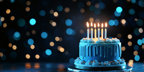 Tasty blue birthday cake with burning candles is celebrating on blue bokeh background