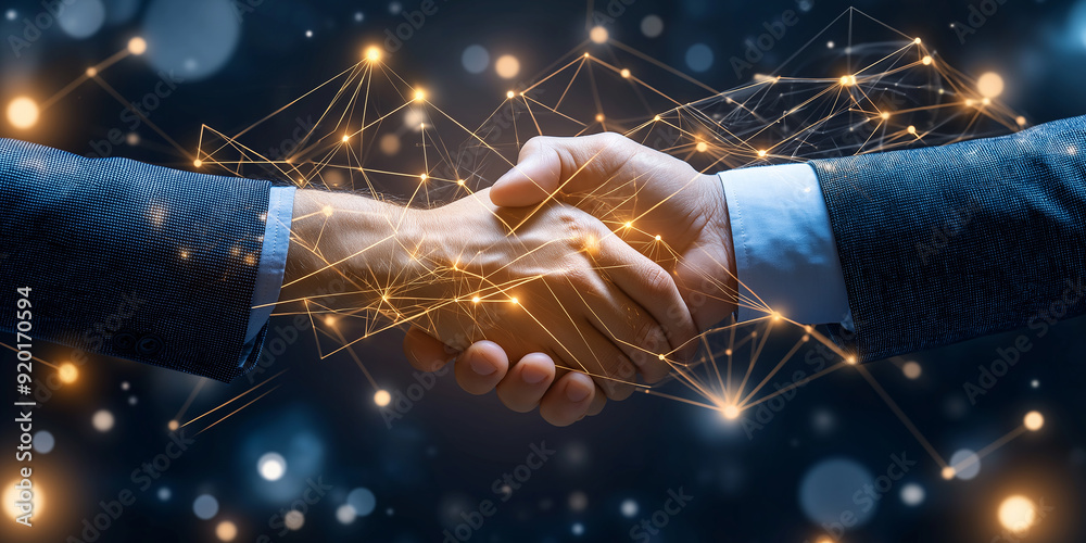 Aufkleber two businessmen shaking hands with digital network connection overlaid