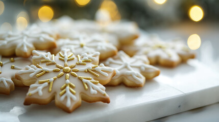 high-resolution photograph of Gilded snowflake icing cookies on white marble, soft focus background with golden bokeh, ample copy space