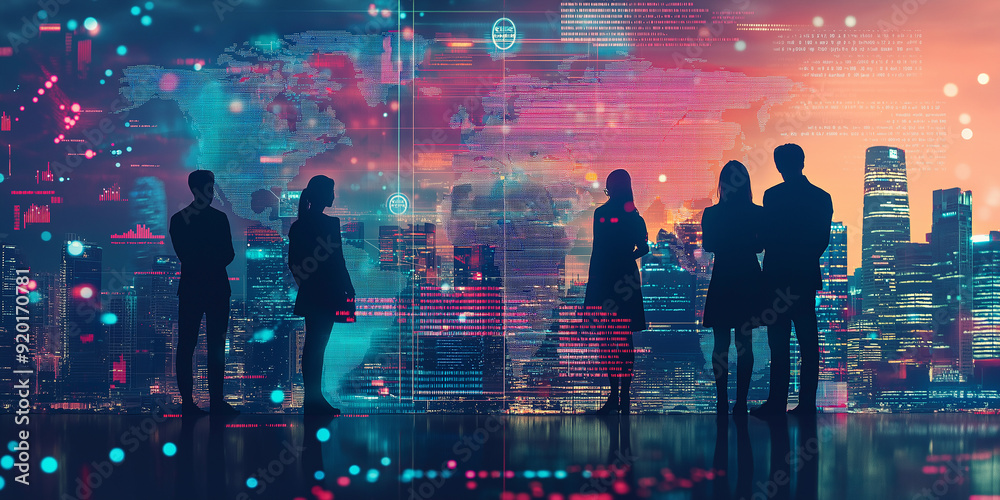 Poster Business team working with global network and data visualizations