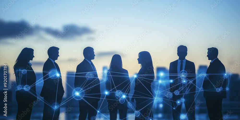 Aufkleber business people silhouettes connected by lines and dots representing global network connection
