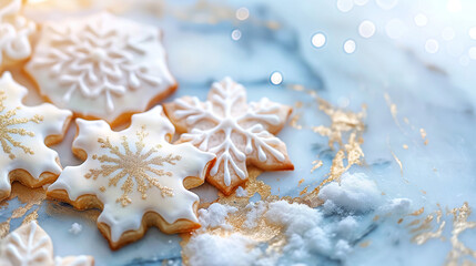 luxurious watercolor illustration of Gilded snowflake icing cookies on marble, soft focus background with golden bokeh, ample copy space