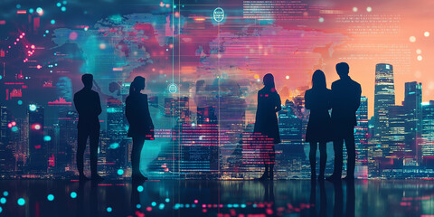 Business team working with global network and data visualizations