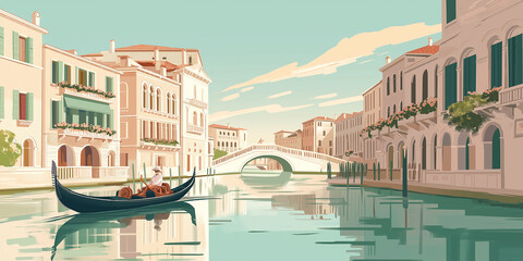 Gondolier navigating canal with picturesque bridge and buildings in venice © Andres Mejia