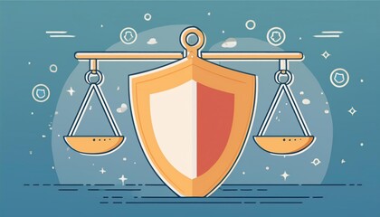 Illustration of a balance scale on a shield, symbolizing justice and protection in a modern design with vibrant colors.