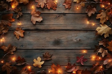 rustic wooden background with an autumn theme and many painted leaves in the corners, along with lights wrapped around it