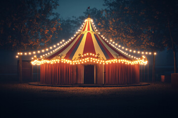 Big top circus tent standing on field at night