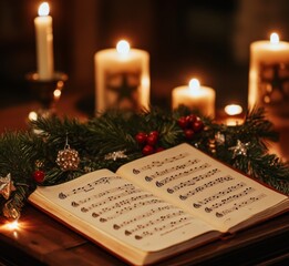 Christmas Eve Serenity: A Beautiful Sheet Music with Mistletoe and Lit Candles on a Church Table Before the Carol Service Begins