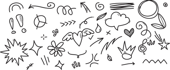 doodle set handdrawn cartoony expression sign doodle curve directional arrows emoticon effects desig
