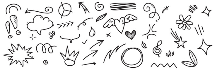  doodle set handdrawn cartoony expression sign doodle curve directional arrows emoticon effects desig 