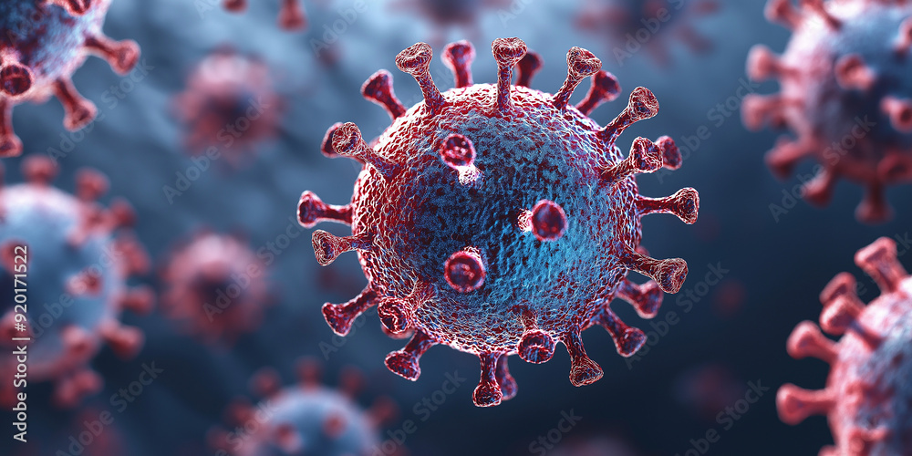 Poster coronavirus covid 19 microscopic virus with spikes floating in fluid