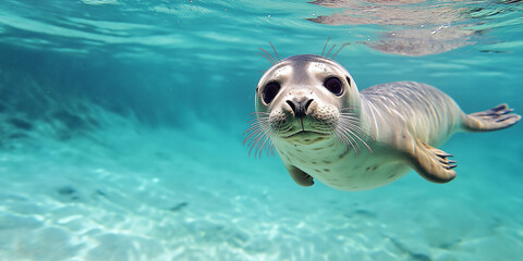 Fototapeta premium Young seal swimming underwater in turquoise water