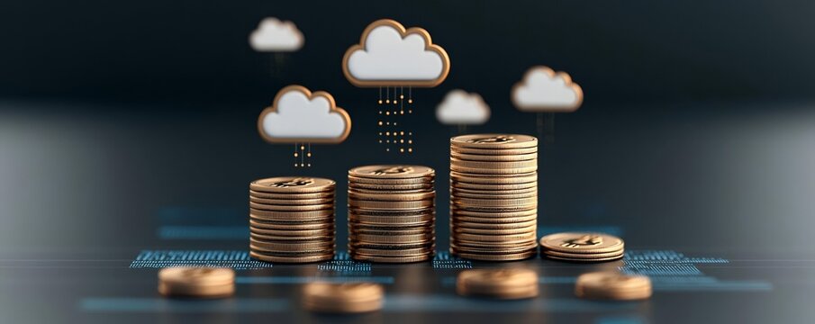 Stacks of coins beneath floating cloud icons on a digital dashboard, symbolizing cost efficiency in cloud computing and pay-per-use pricing models