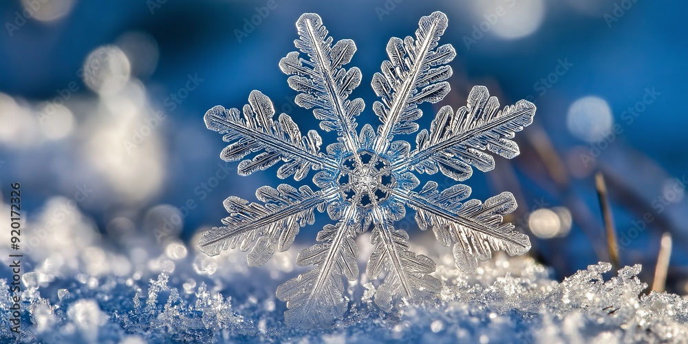 Poster Real snowflake standing on snow with shallow depth of field