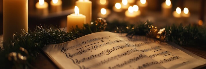 Christmas Eve Serenity: A Beautiful Sheet Music with Mistletoe and Lit Candles on a Church Table Before the Carol Service Begins