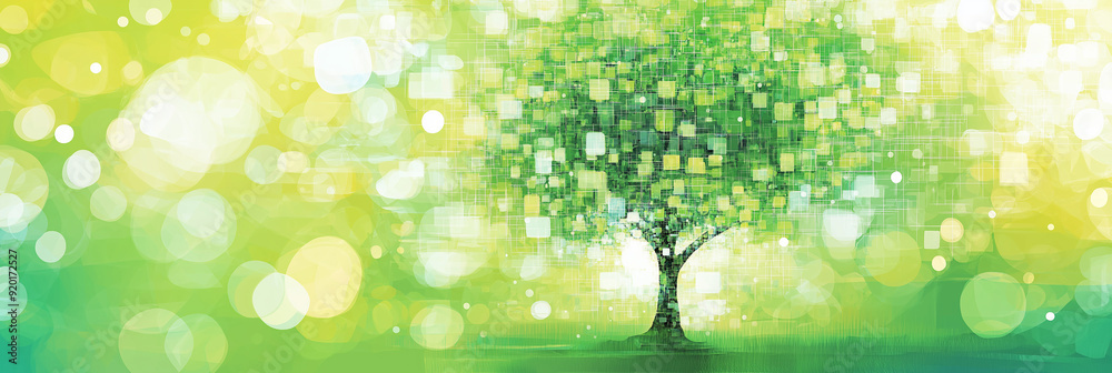 Poster Digital tree growing with pixels representing technology and nature